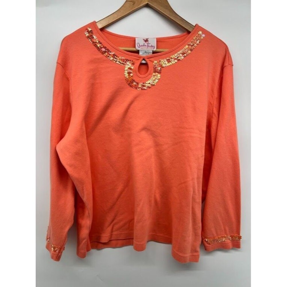 Women's Quaker Factory Plus Size 2X Orange Knit Top Embellished Neck Line Cotton